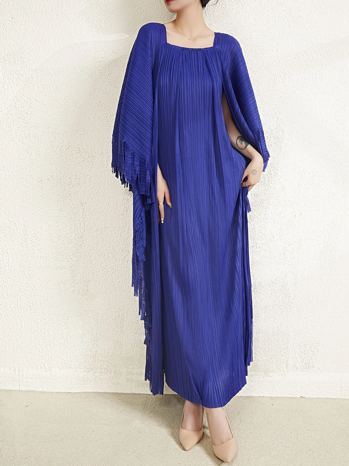 Miyake Pleated Flare Sleeves Maxi Dress with Fringe Detail