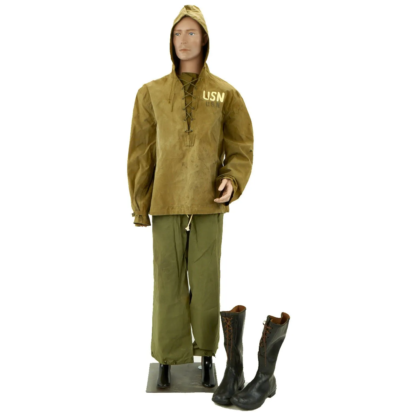 Original U.S. WWII Navy Beach Battalion Paint N-2 Rain Uniform with M-7 Rubberized Boots - As Seen In Book