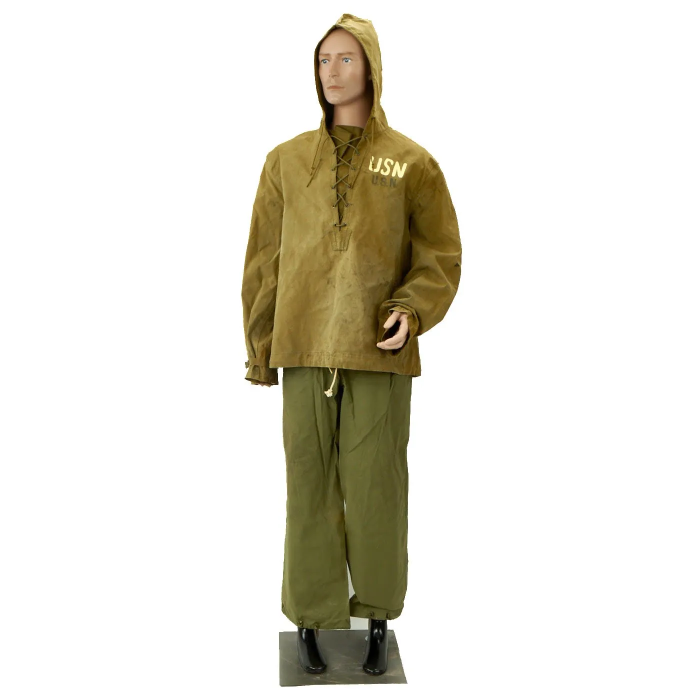 Original U.S. WWII Navy Beach Battalion Paint N-2 Rain Uniform with M-7 Rubberized Boots - As Seen In Book