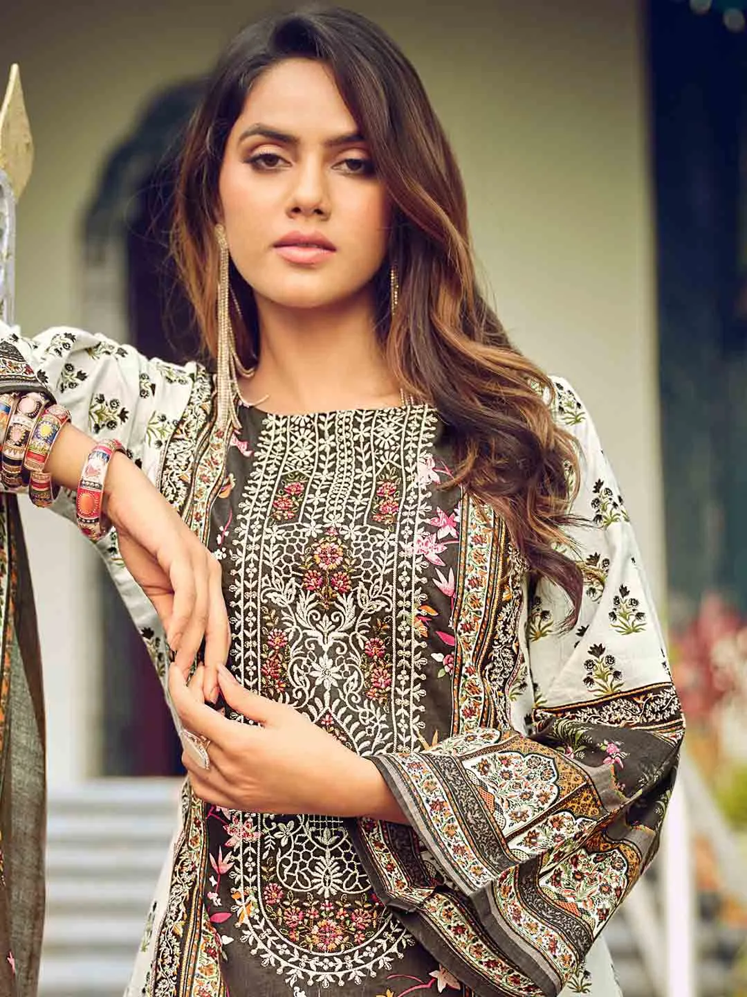 Pakistani Print Brown Unstitched Cotton Suit Material for Women