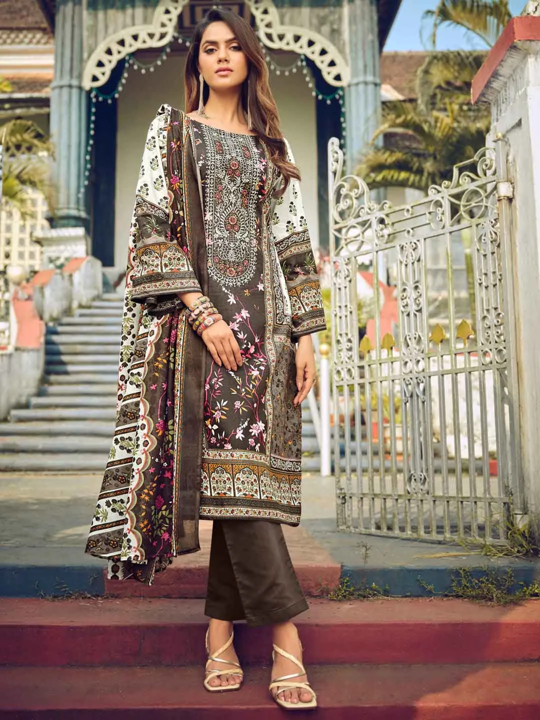 Pakistani Print Brown Unstitched Cotton Suit Material for Women