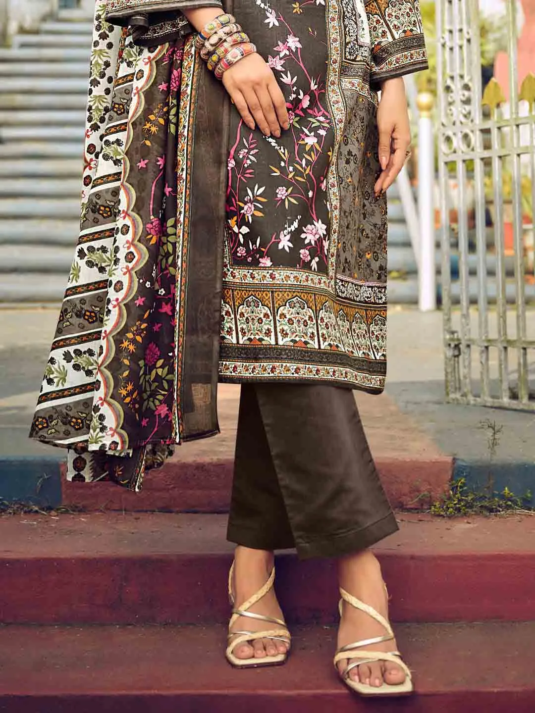 Pakistani Print Brown Unstitched Cotton Suit Material for Women