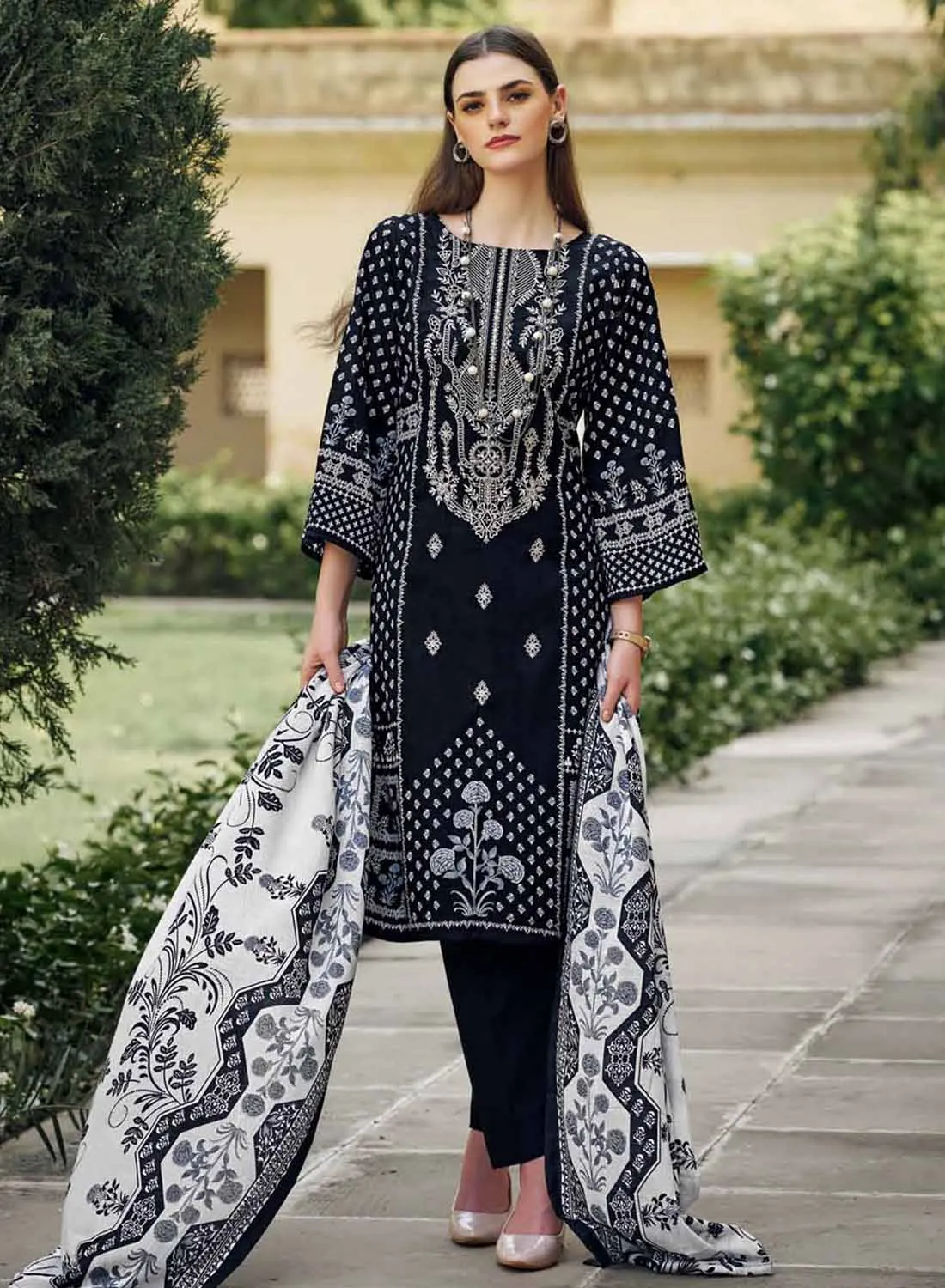 Pakistani Print Unstitched Pure Cotton Suit with Embroidery for Women