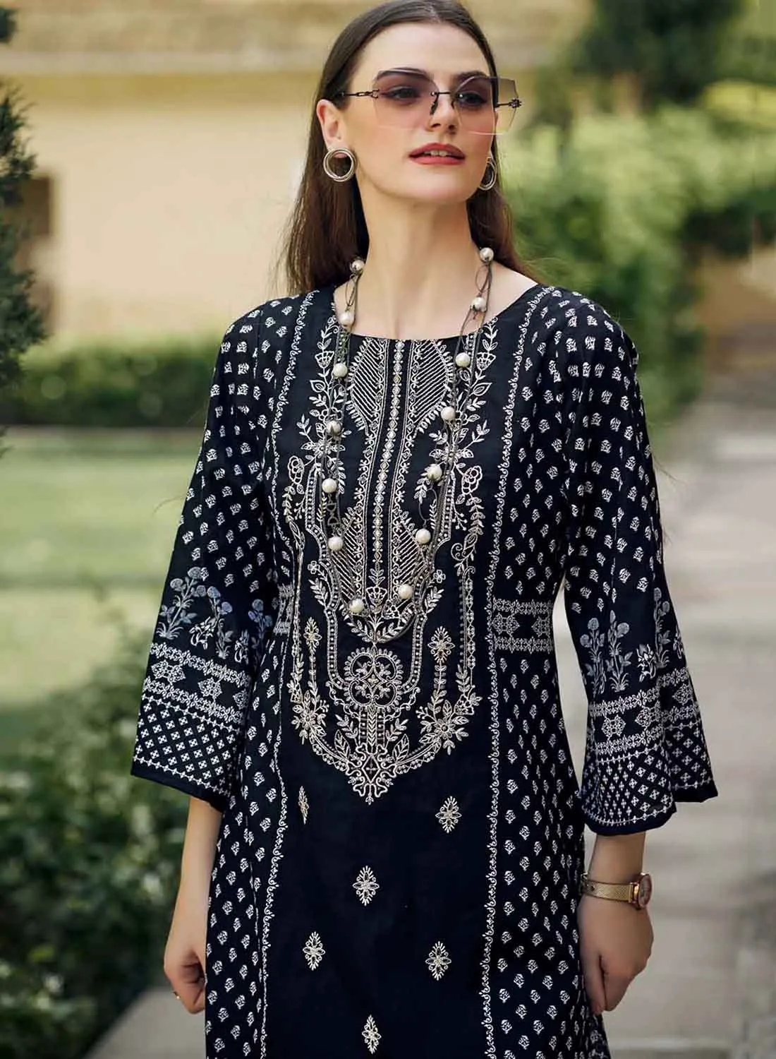 Pakistani Print Unstitched Pure Cotton Suit with Embroidery for Women