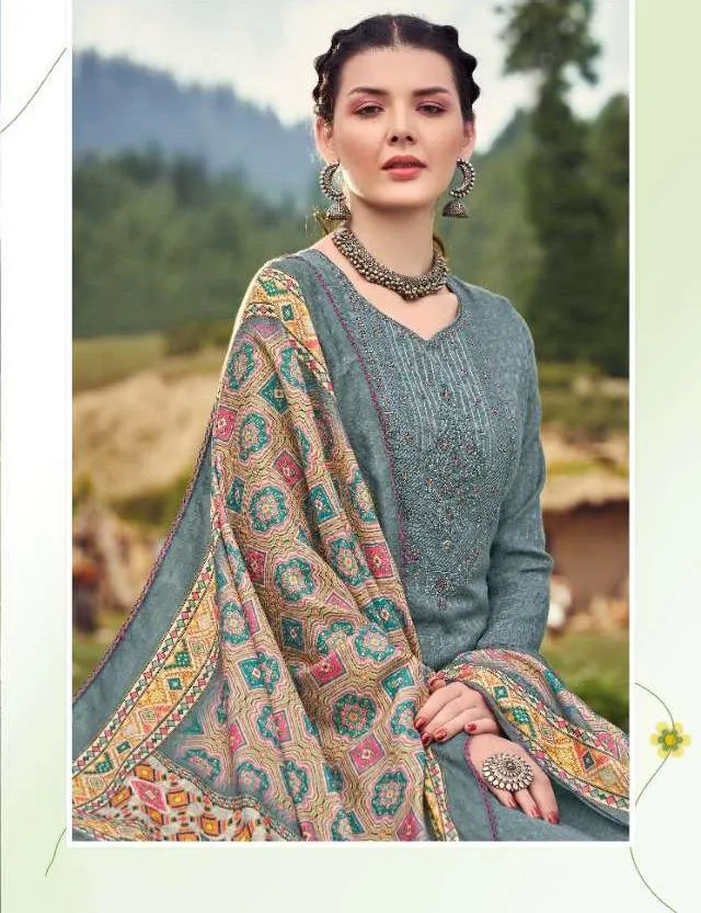 Pashmina Grey Winter Unstitched Suit Material With Dupatta