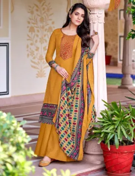 Pashmina Yellow Unstitched Winter Suits With Printed Dupatta