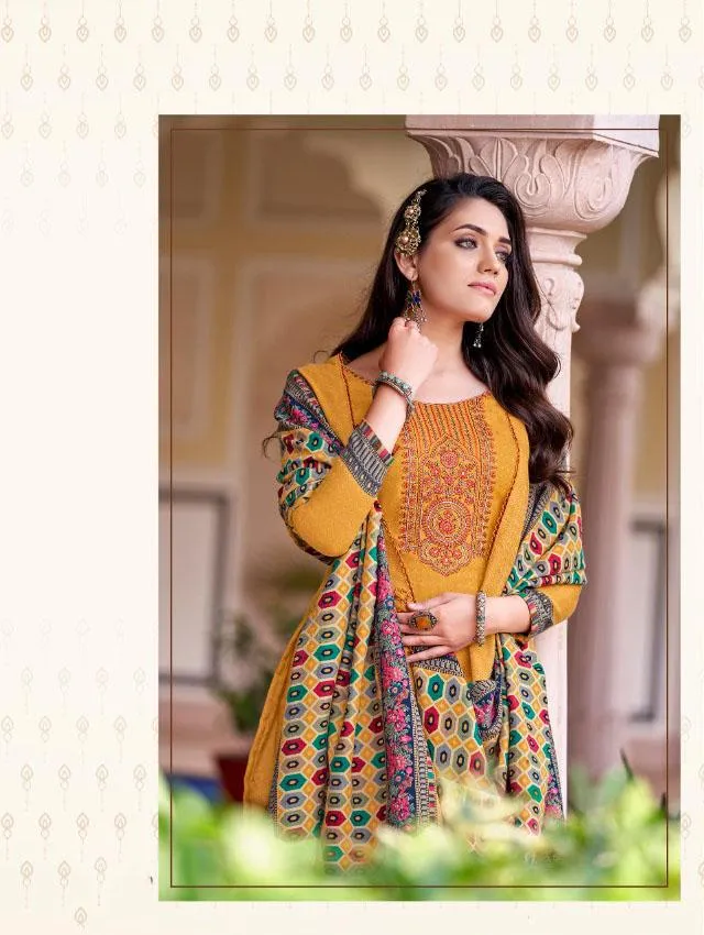 Pashmina Yellow Unstitched Winter Suits With Printed Dupatta