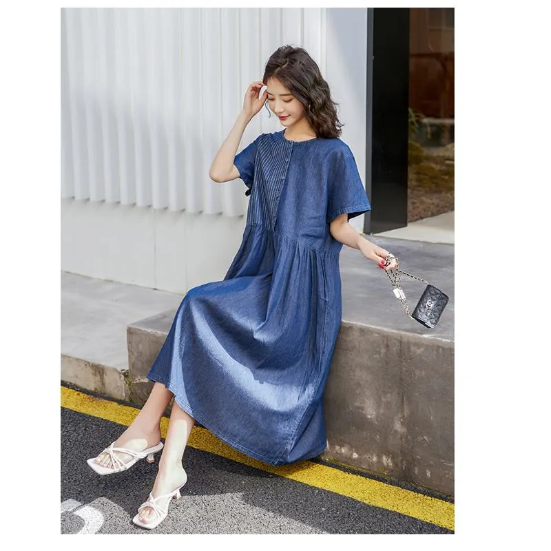 Patchwork Casual Loose Fit Pocket A-Line Midi Denim Dress