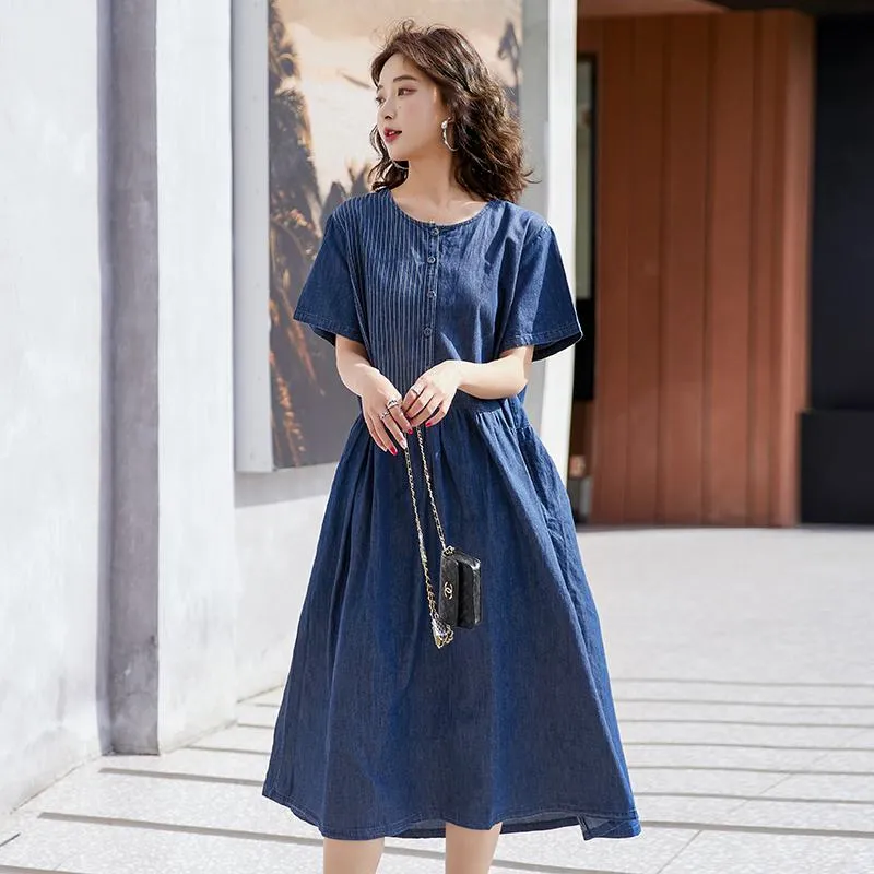 Patchwork Casual Loose Fit Pocket A-Line Midi Denim Dress