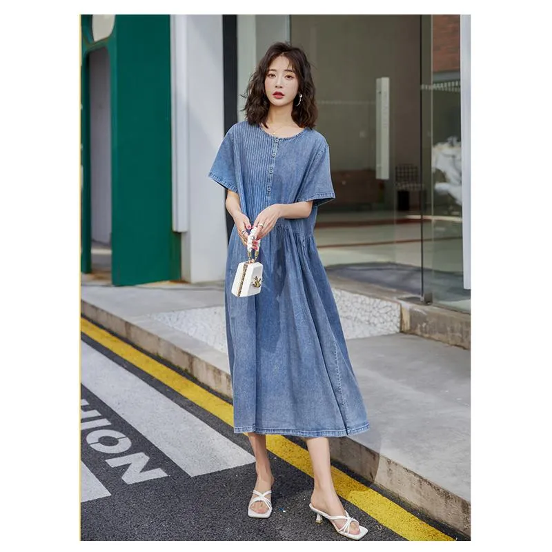 Patchwork Casual Loose Fit Pocket A-Line Midi Denim Dress