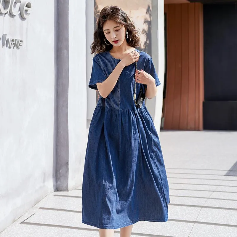 Patchwork Casual Loose Fit Pocket A-Line Midi Denim Dress