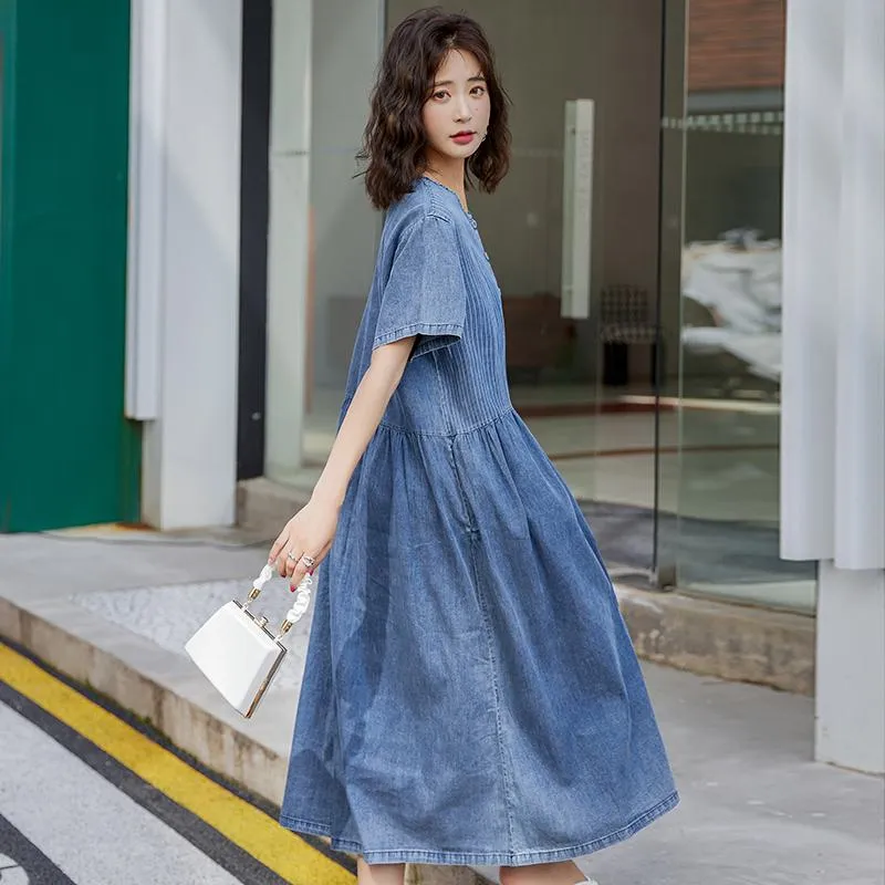 Patchwork Casual Loose Fit Pocket A-Line Midi Denim Dress