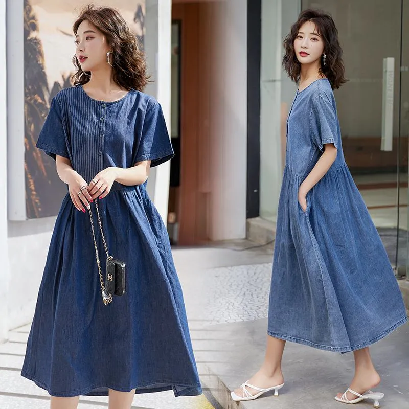 Patchwork Casual Loose Fit Pocket A-Line Midi Denim Dress