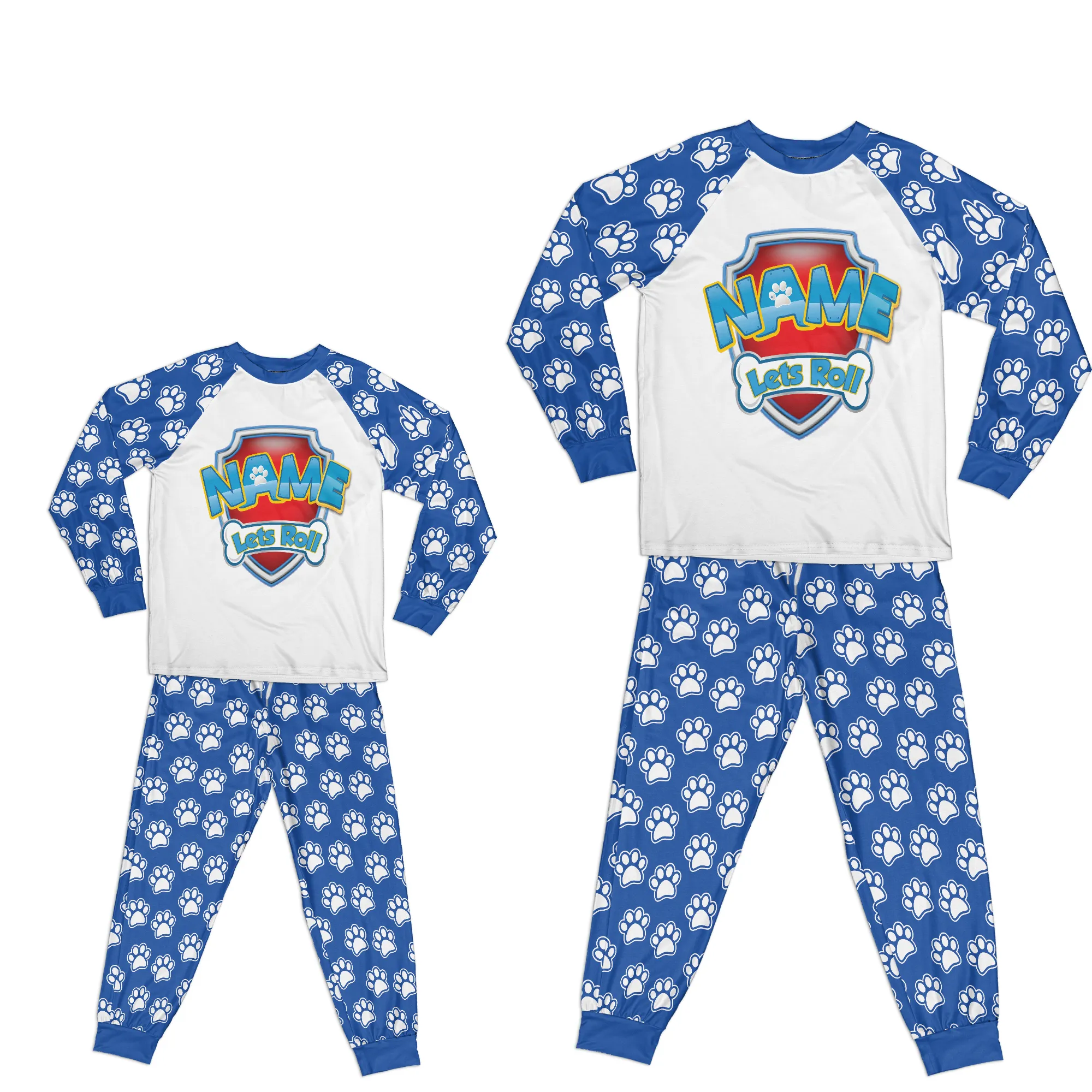 Personalized Family Pajama Sets | Matching Cartoon Xmas Jammies for KIDS | Christmas Holiday family PJs | Custom Blue Paw and Bones night suit