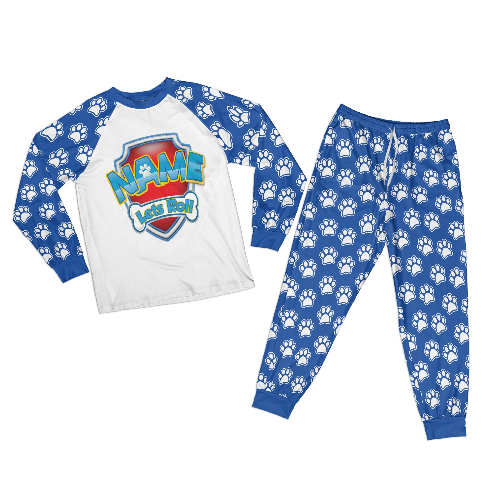 Personalized Family Pajama Sets | Matching Cartoon Xmas Jammies for KIDS | Christmas Holiday family PJs | Custom Blue Paw and Bones night suit