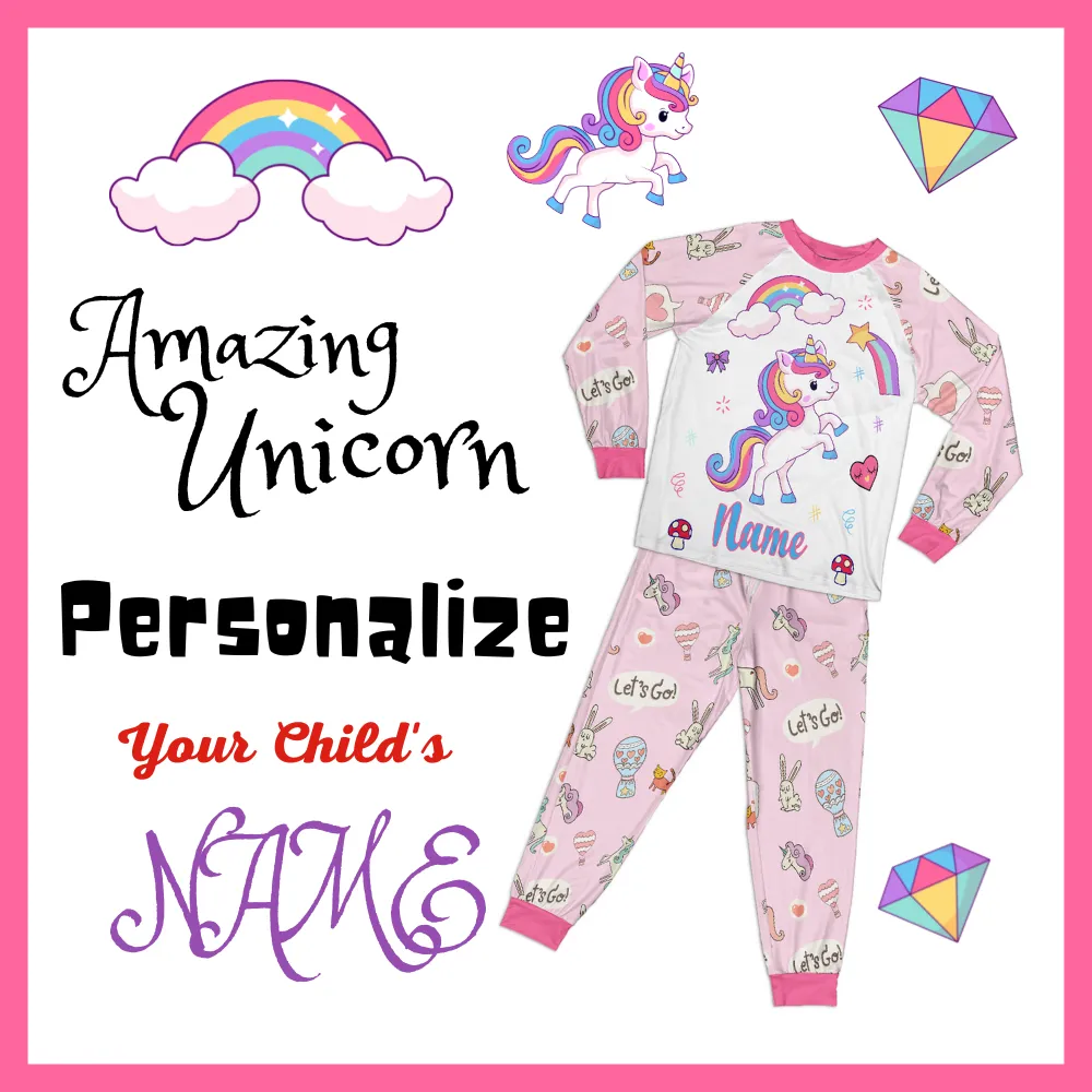 Personalized Family Pajama Sets | Matching Xmas Jammies for KIDS | Christmas Holiday family PJs | Pink UNICORN nightsuit