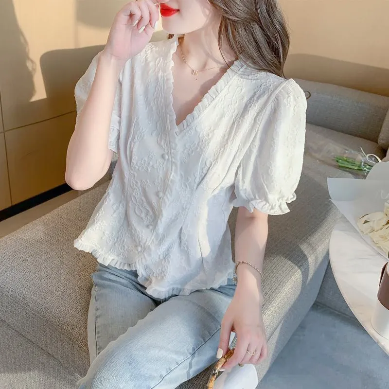 Petal White Ruffle Trim V-Neck Chiffon Blouse