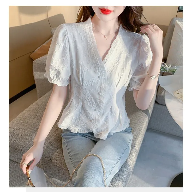 Petal White Ruffle Trim V-Neck Chiffon Blouse