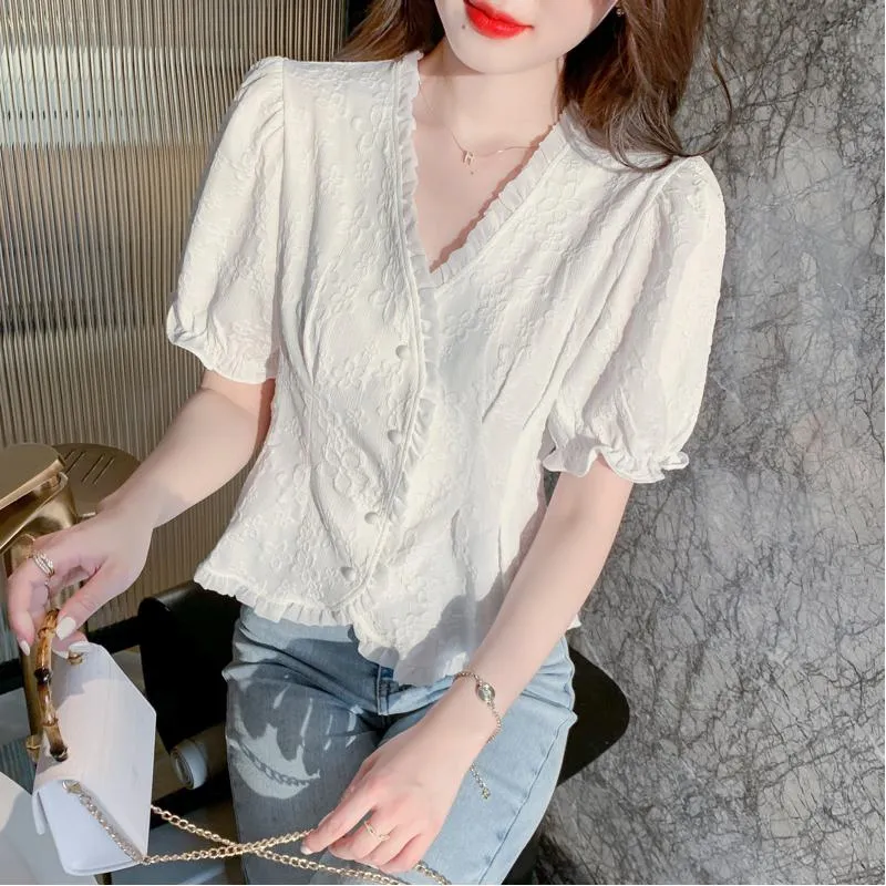 Petal White Ruffle Trim V-Neck Chiffon Blouse