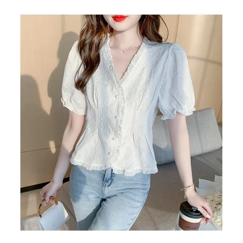 Petal White Ruffle Trim V-Neck Chiffon Blouse