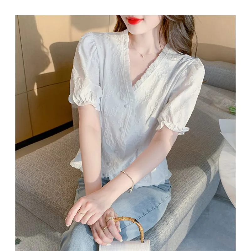 Petal White Ruffle Trim V-Neck Chiffon Blouse