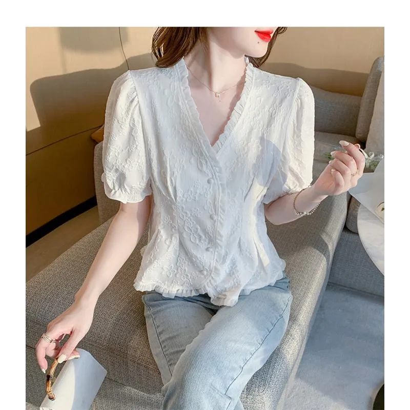 Petal White Ruffle Trim V-Neck Chiffon Blouse