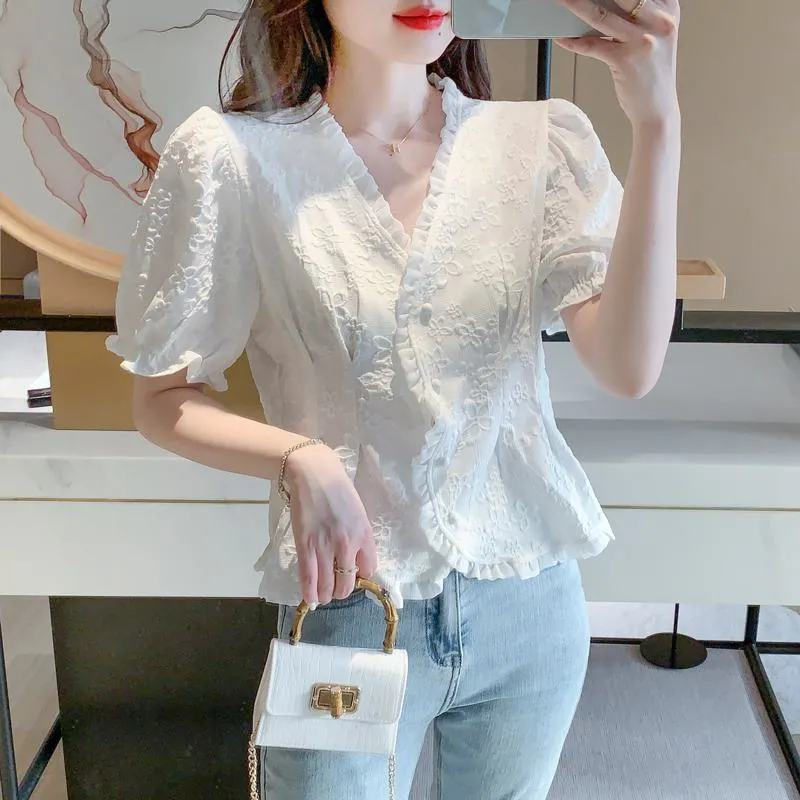 Petal White Ruffle Trim V-Neck Chiffon Blouse