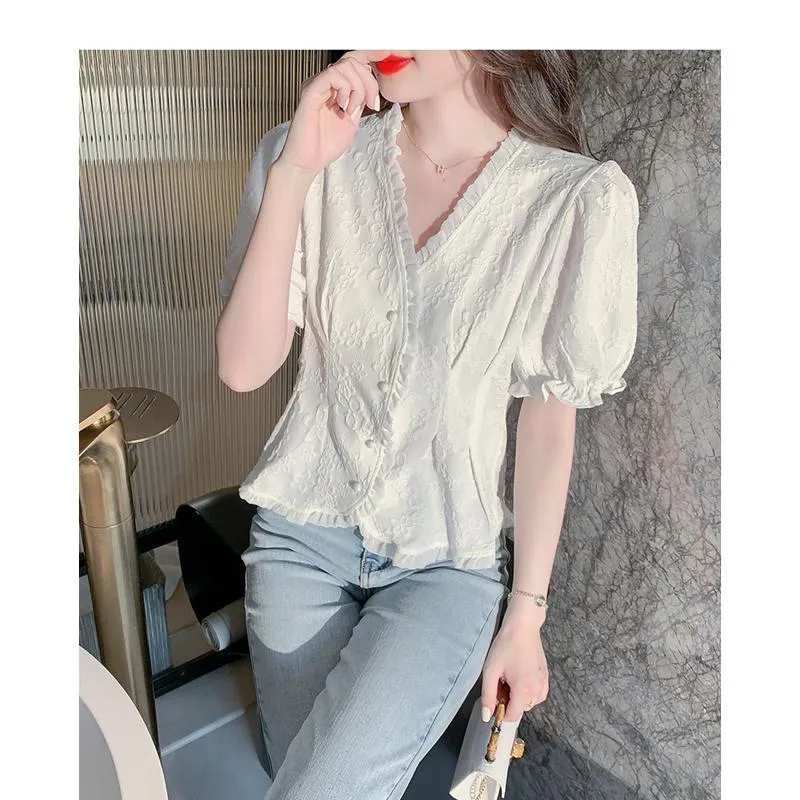 Petal White Ruffle Trim V-Neck Chiffon Blouse