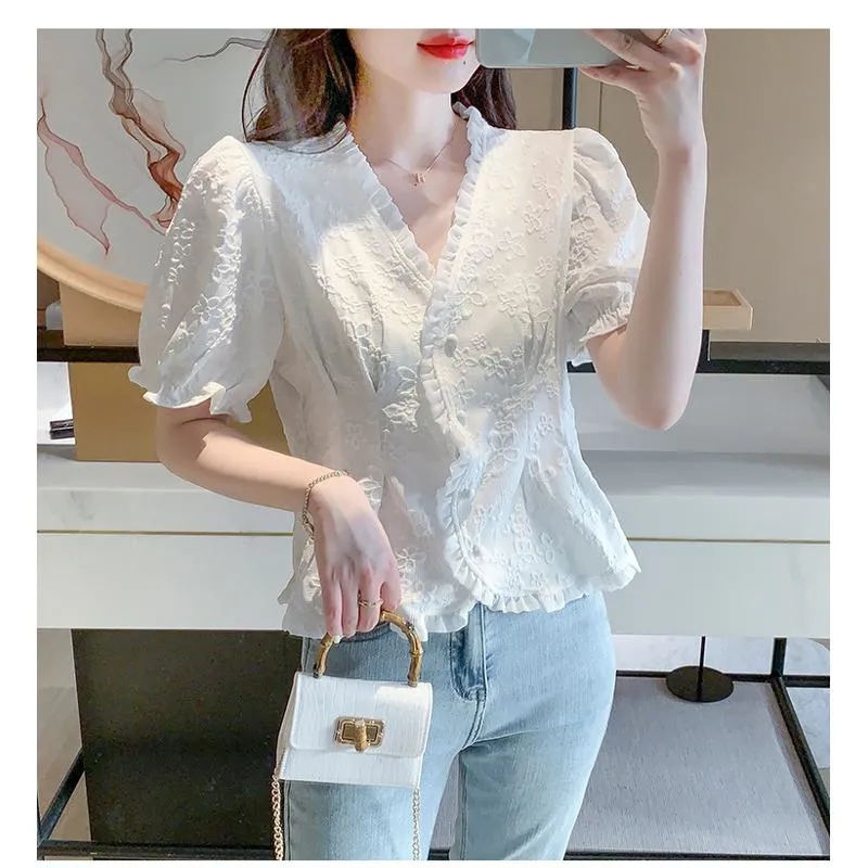 Petal White Ruffle Trim V-Neck Chiffon Blouse