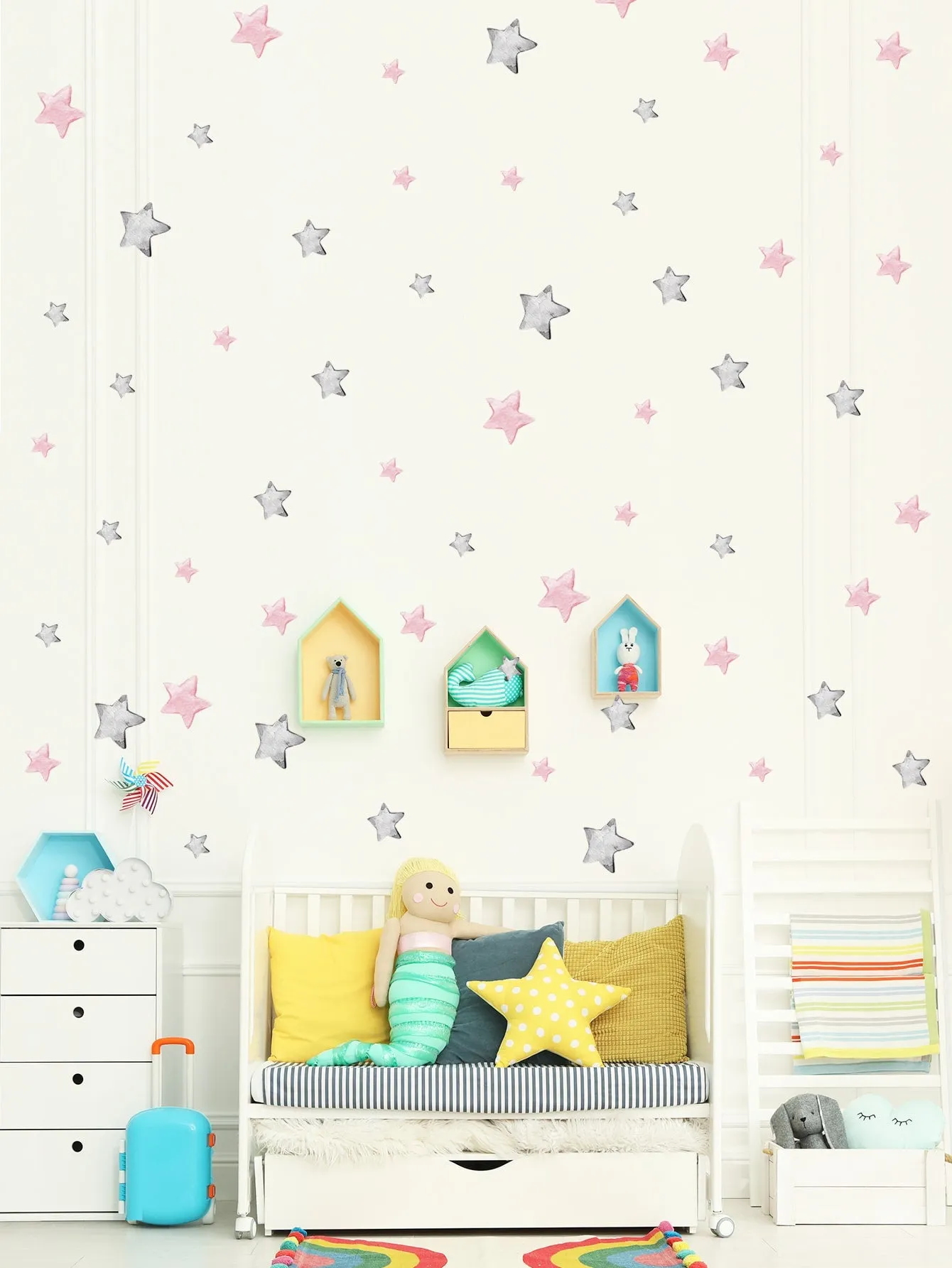 Pink and Grey Stars Wall Sticker Cartoon Self Adhesive Wall Art Decal For Kids