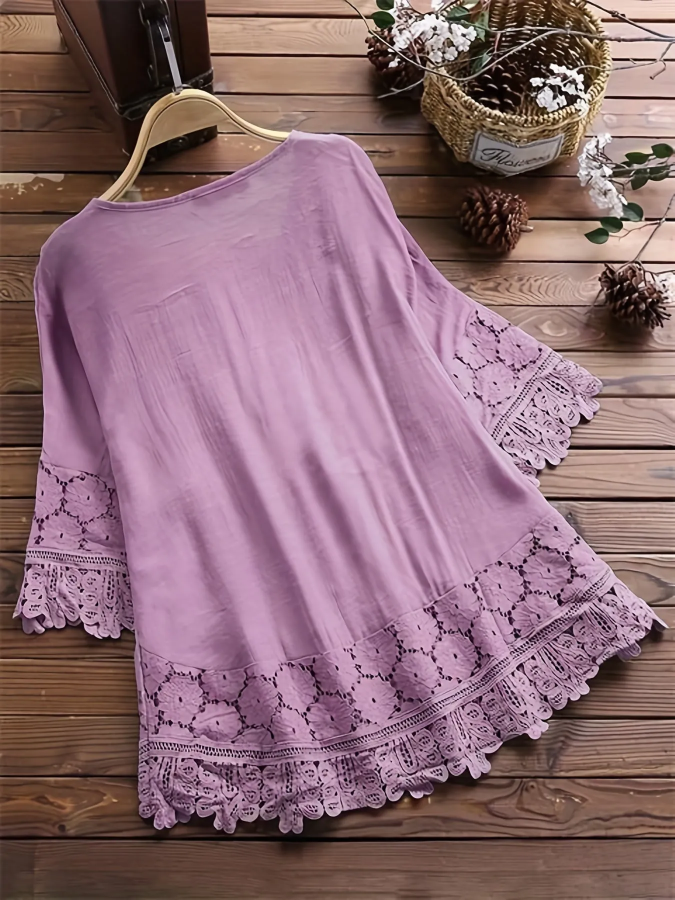 Plus Size Chic Blouse with Luxurious Floral Appliques - Dramatic Contrast Guipure Lace Tie Neck Top for Women