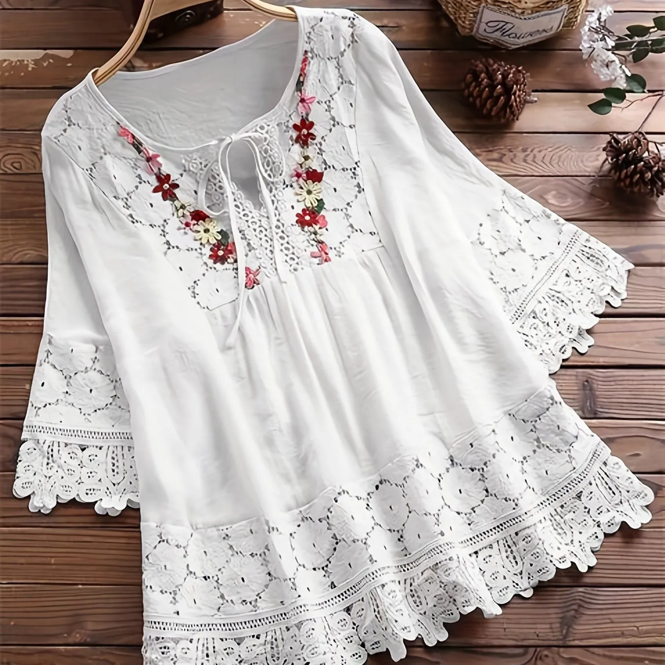 Plus Size Chic Blouse with Luxurious Floral Appliques - Dramatic Contrast Guipure Lace Tie Neck Top for Women