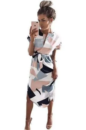 Plus Size - Summer Casual Dresses V-neck knee length dress, short Sleeve geometric Print (US 8 -16)