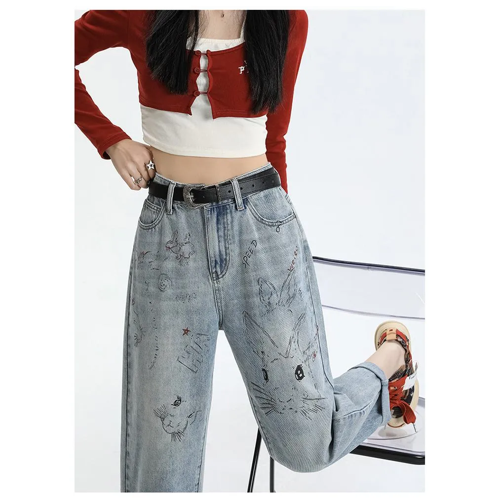 Print Straight Leg Rhinestone Embellished Carrot Jeans