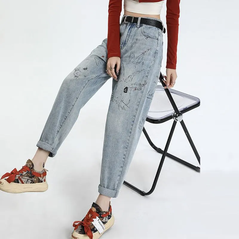 Print Straight Leg Rhinestone Embellished Carrot Jeans