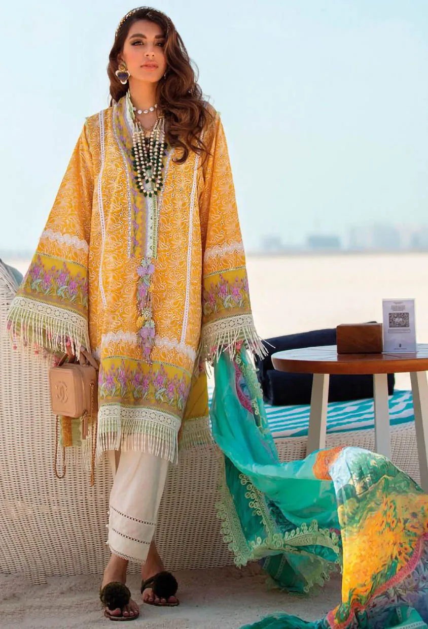 Pure Cotton Yellow Unstitched Pakistani Suit For Ladies