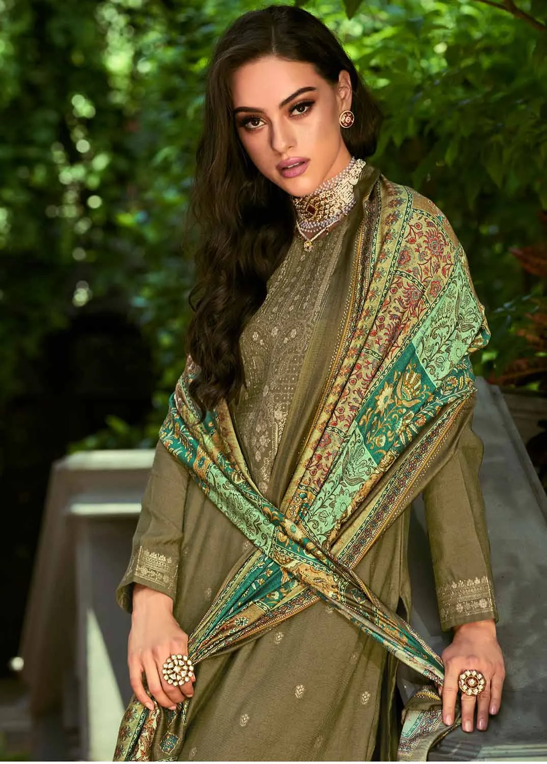 Pure Pashmina Jacquard Green Winter Suit Dress Material for Ladies