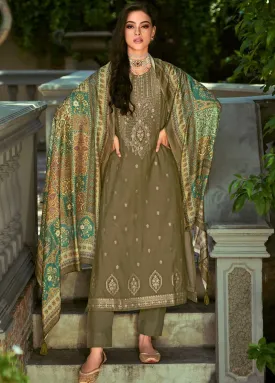 Pure Pashmina Jacquard Green Winter Suit Dress Material for Ladies