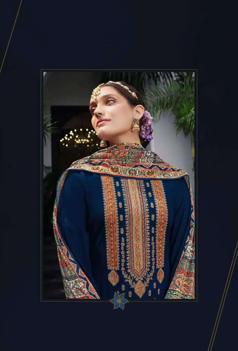 Pure Viscose Pashmina Blue Unstitched Winter Suits with Velvet Dupatta