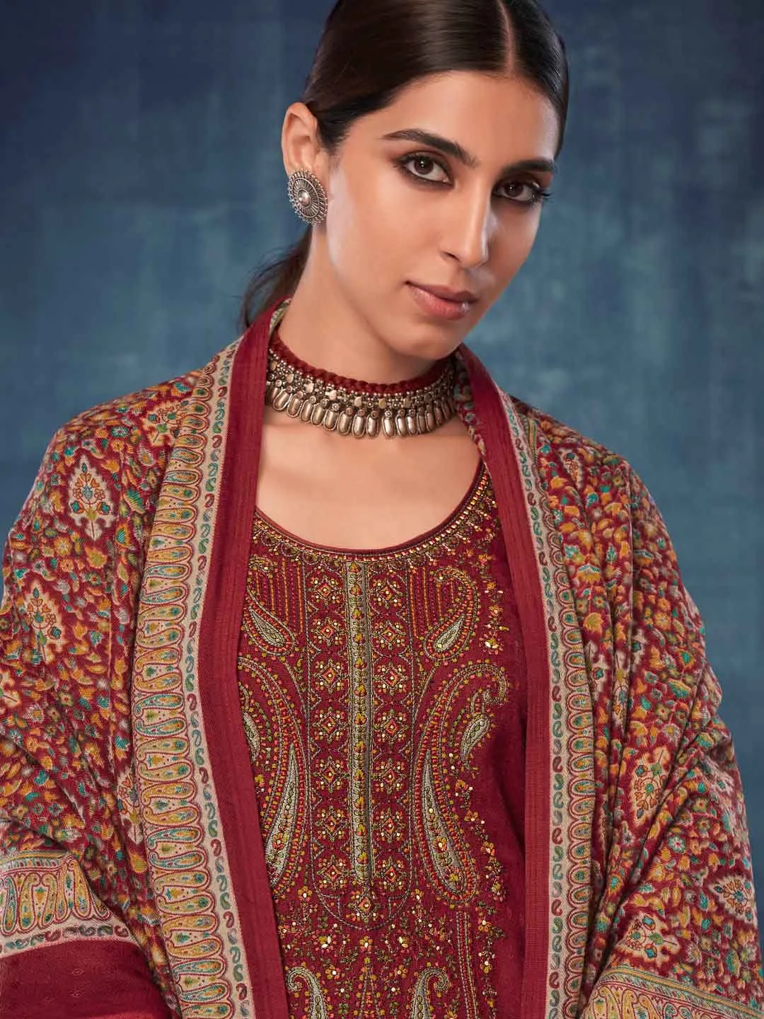 Red Pashmina Twill Embroidered Unstitched Winter Suits for Women