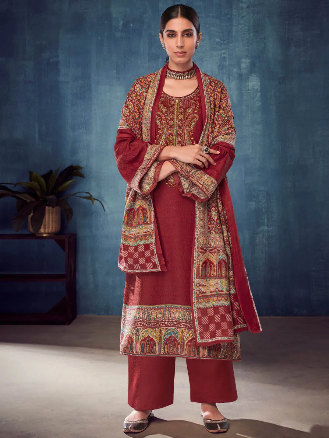 Red Pashmina Twill Embroidered Unstitched Winter Suits for Women