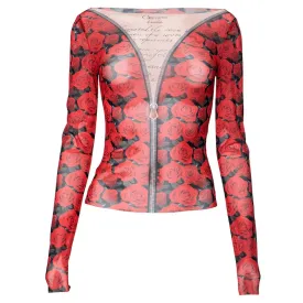 Rose Zipper Print Mesh Sheer Shirts & Blouses Women Sexy Clothes Graphic Tees Long Sleeve Y2k Tops P85-AG10