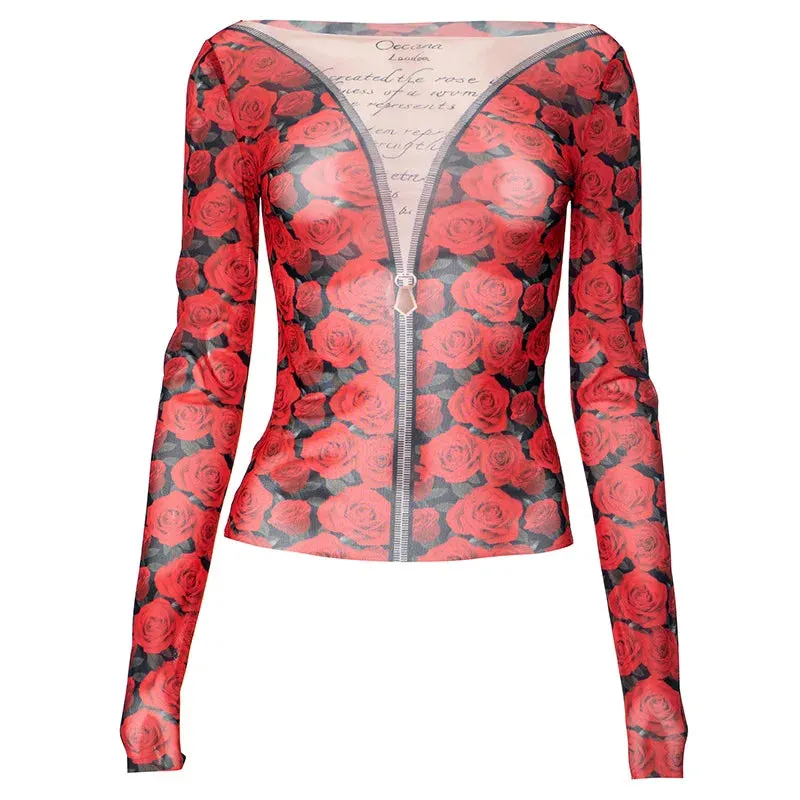 Rose Zipper Print Mesh Sheer Shirts & Blouses Women Sexy Clothes Graphic Tees Long Sleeve Y2k Tops P85-AG10