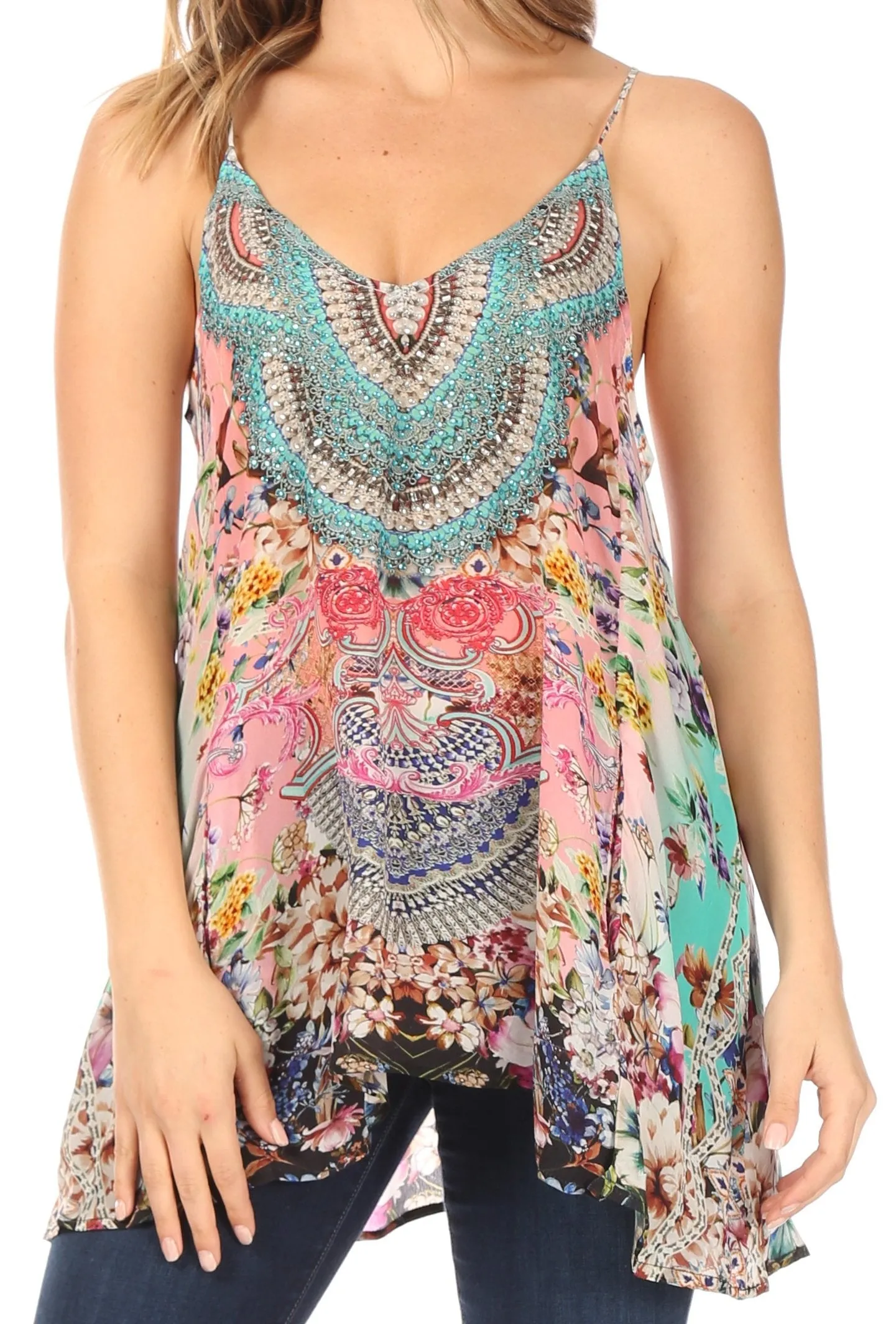 Sakkas Bette Women's Casual Boho Loose Printed Spaghetti Strap Top Tank Camisole