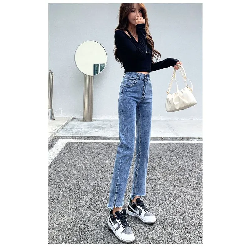 Slimming Cropped Elasticity Frayed Edge Loose Fit Straight High-Waisted Split Jeans