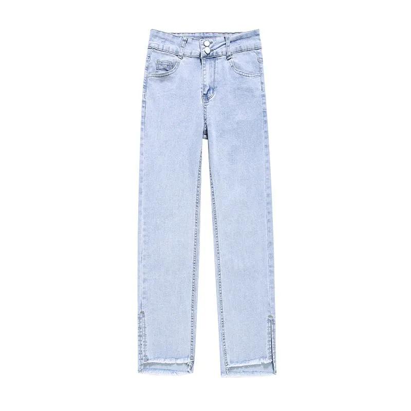 Slimming Cropped Elasticity Frayed Edge Loose Fit Straight High-Waisted Split Jeans