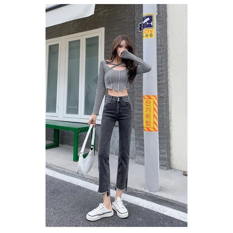 Slimming Cropped Elasticity Frayed Edge Loose Fit Straight High-Waisted Split Jeans