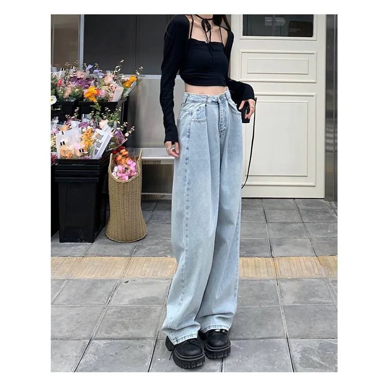 Slimming High-Waisted Niche Floor-Length Adjustable Denim Draping Straight Jeans