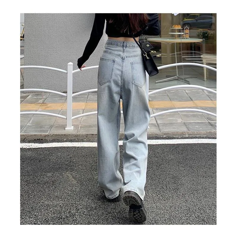 Slimming High-Waisted Niche Floor-Length Adjustable Denim Draping Straight Jeans