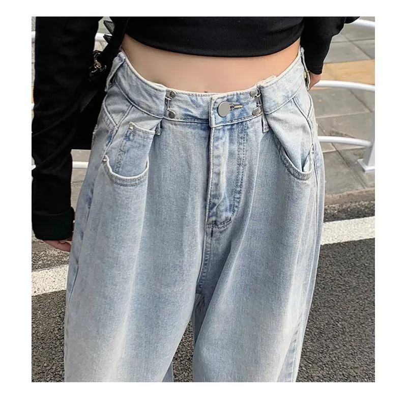 Slimming High-Waisted Niche Floor-Length Adjustable Denim Draping Straight Jeans